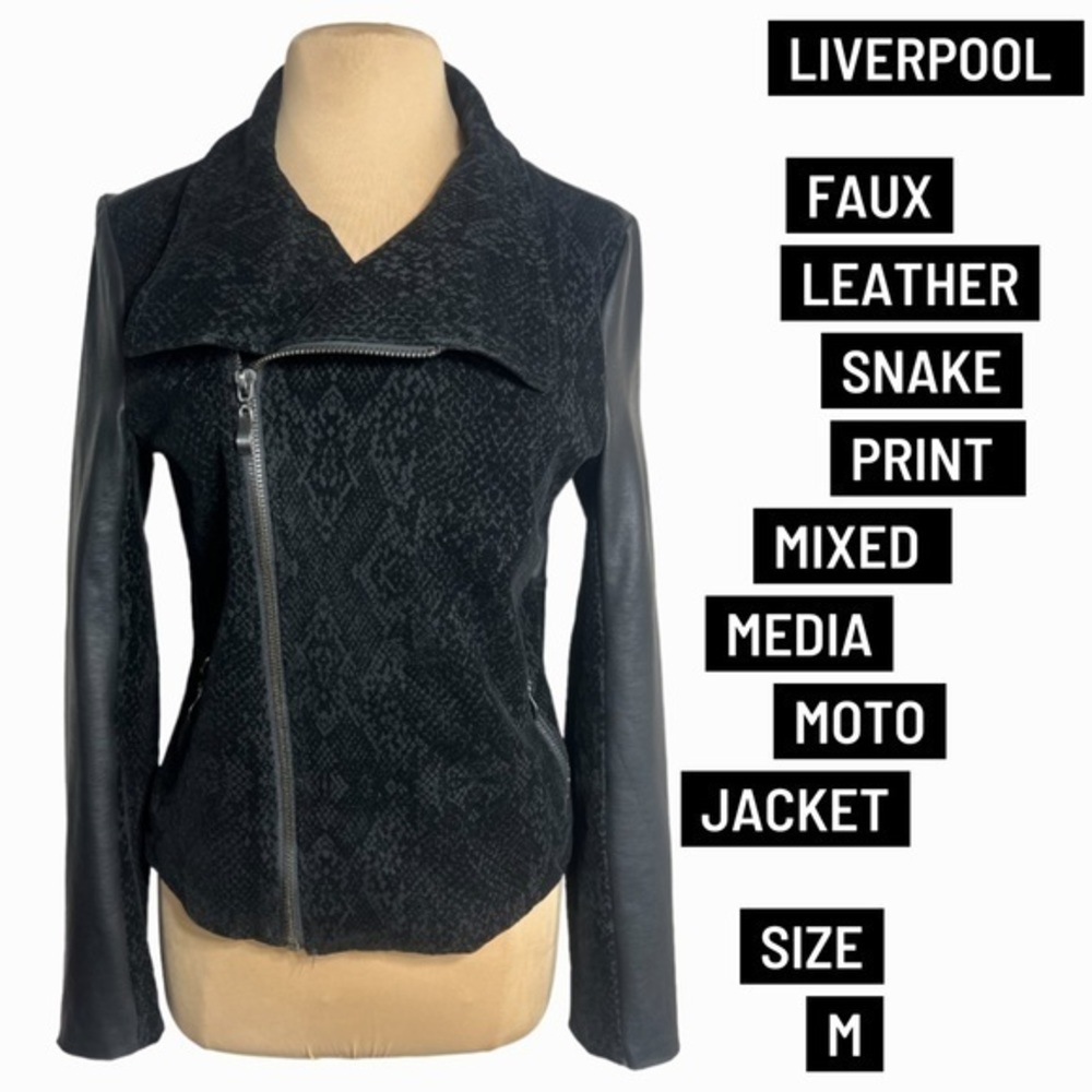 Liverpool black faux leather snake print embossed mixed media moto jacket - Picture 3 of 11